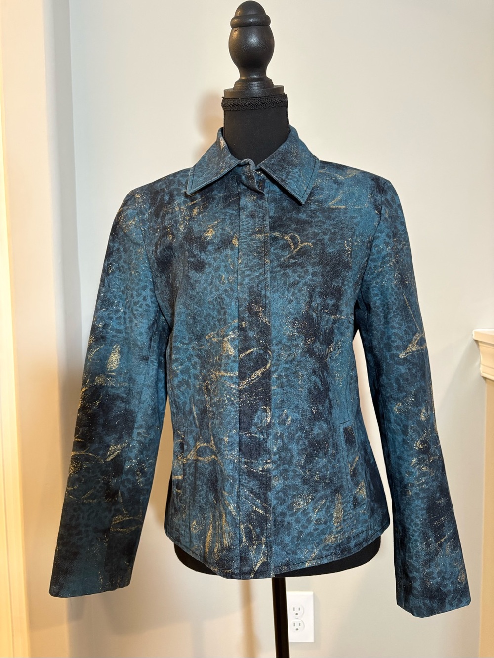 Vintage Y2K Doncaster Sport Teal Blue & Gold Metallic Marbled Zip Jacket 10
